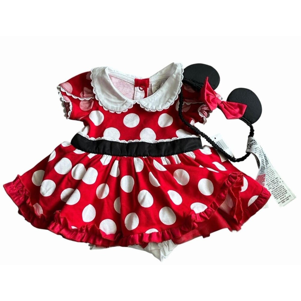 Disney Baby Minnie Mouse Dress 0-3 Months Red Polka Dot Outfit w/ Ears Headband